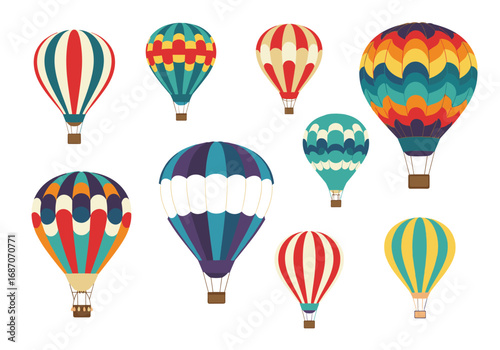 Colorful retro hot air balloons floating high up in the sky above clouds