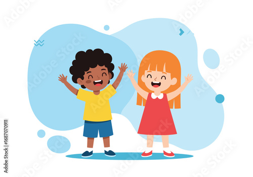 Happy diverse children smiling with hands up enjoying a bright sunny day outdoors