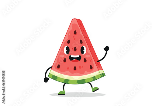 Funny happy watermelon slice waving hello with cartoon eyes and mouth