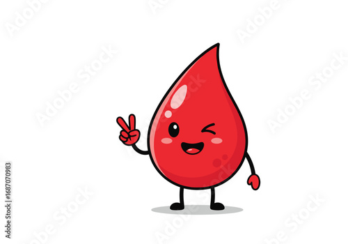 Cute cartoon blood drop character winking and giving peace sign