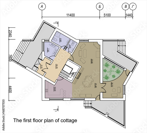 Vector architectural engineering construction
private residential building drawing,
first floor plan, dimensional lines. Industrial 
blueprint of multistory
suburban cottage on transparent background.