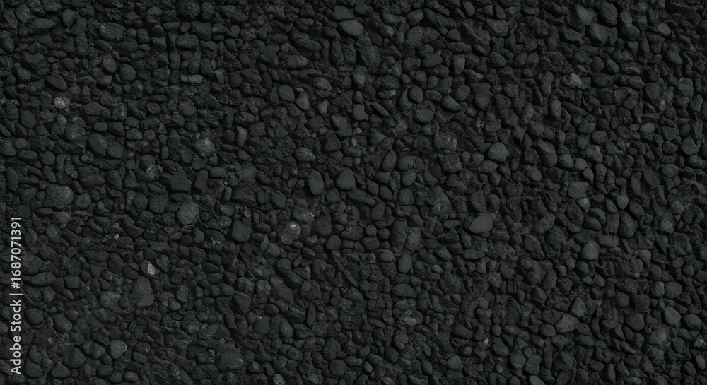 Fototapeta premium Close-up texture of black gravel stones, dark crushed rock surface background, perfect for construction, architecture, flooring, and natural abstract design concepts