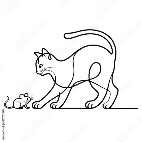 Continuous line drawing of a cat stalking a mouse