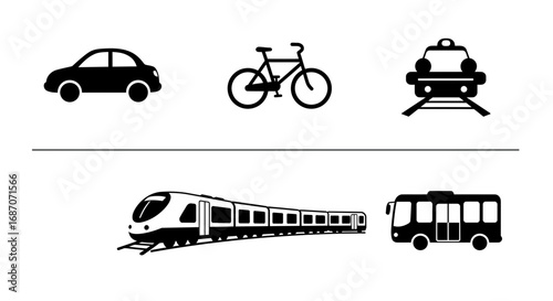 Transportation modes vector icons illustration, car, bicycle, train, bus, and taxi