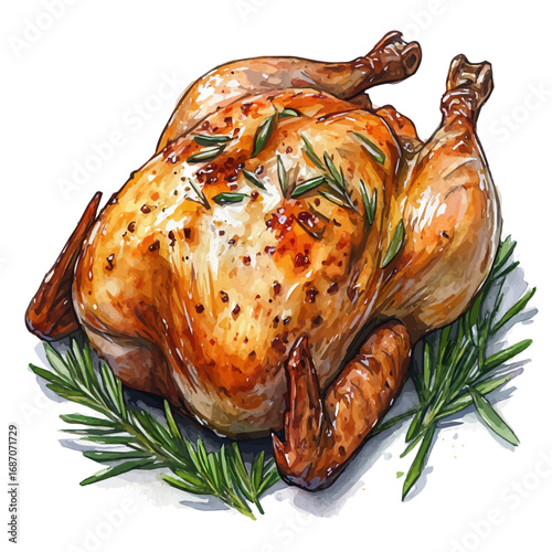 Roast Chicken, watercolor vector, isolated on a white background.