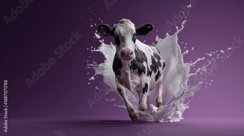 Cow splashes through milk against vibrant purple background, showcasing connection between dairy and food production in dynamic scene