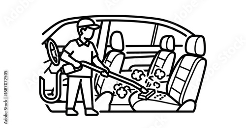Modern vacuum cleaner in automobile, removing dust off upholstery seats in vehicle, car seat cleaning or washing service isolated outline icon