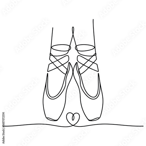 Elegant ballet pointe shoes with a heart detail in continuous line art
