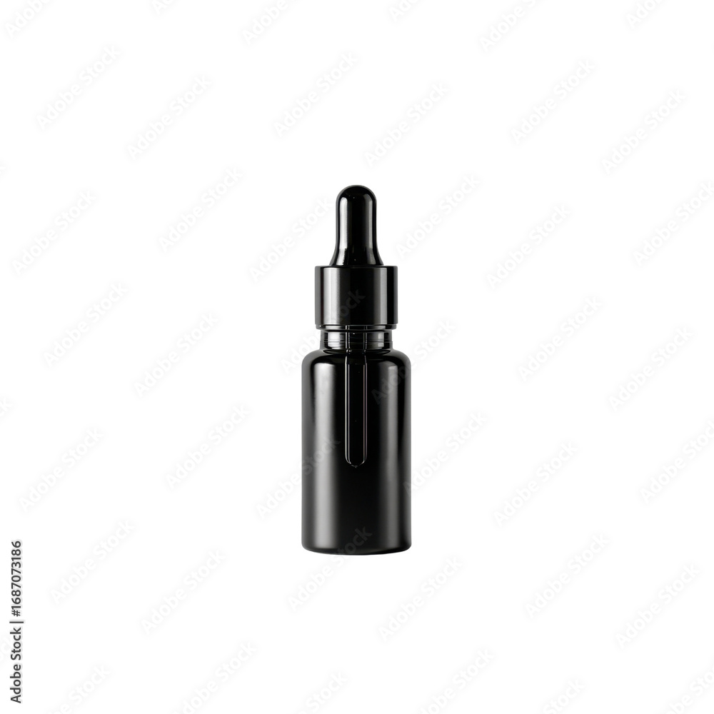Obraz premium Elegant black dropper bottle for essential oils and serums on a clean white background, perfect for cosmetic packaging and beauty products
