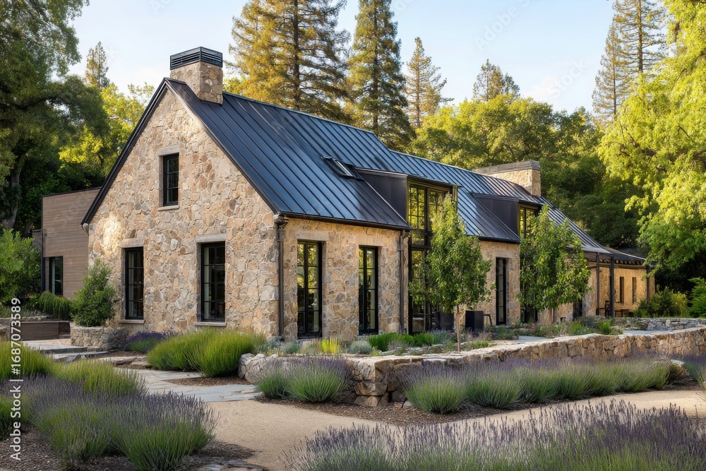 Obraz premium Stone house surrounded by lavender fields showcases modern design in a serene natural setting during daytime in a lush landscape