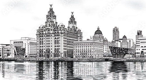 Liverpool, England waterfront sketch with the Three Graces. A detailed hand-drawn black and white illustration of the historic UK port city.