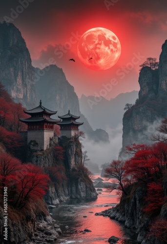 Serene Oriental Landscape with Pagodas, Bridge, and Majestic Mountains Under Red Sun