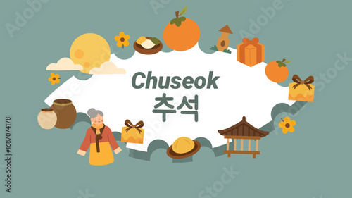 Chuseok design with hanbok temple moon and festive food