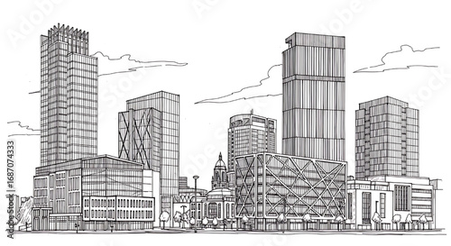 Hand-drawn sketch of the Toronto, Canada skyline featuring the CN Tower. Detailed black and white vector art of the major Canadian city.