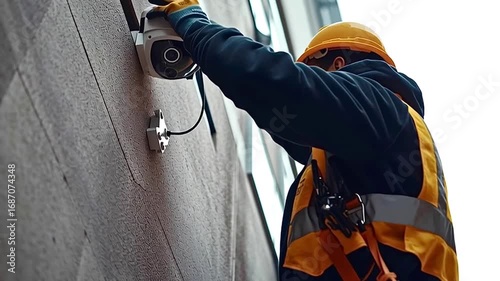 Professional technician wearing protective safety gear installing security camera on building exterior, working carefully to enhance surveillance and property protection