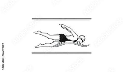 Swimming freestyle black and white vector illustration