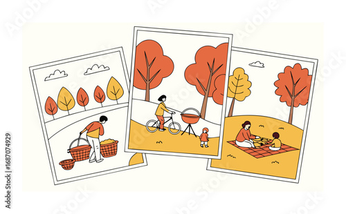 Illustrated autumn park gathering with multiple minimalist cards showing barbecue, cycling, children playing, picnic baskets, and cozy seasonal family relaxation.