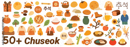 Collection of more than fifty Chuseok vector icons and symbols