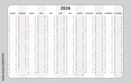 2026 planner calendar on year. english illustration
