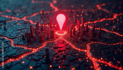 Punto rojo brillante digital con un sutil efecto pulsante que se cierne con precisión sobre un vasto e intrincado mapa futurista de una ciudad en 3D