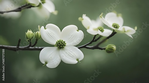 White Dogwood Blossoms on Soft Green Background — Spring Floral
