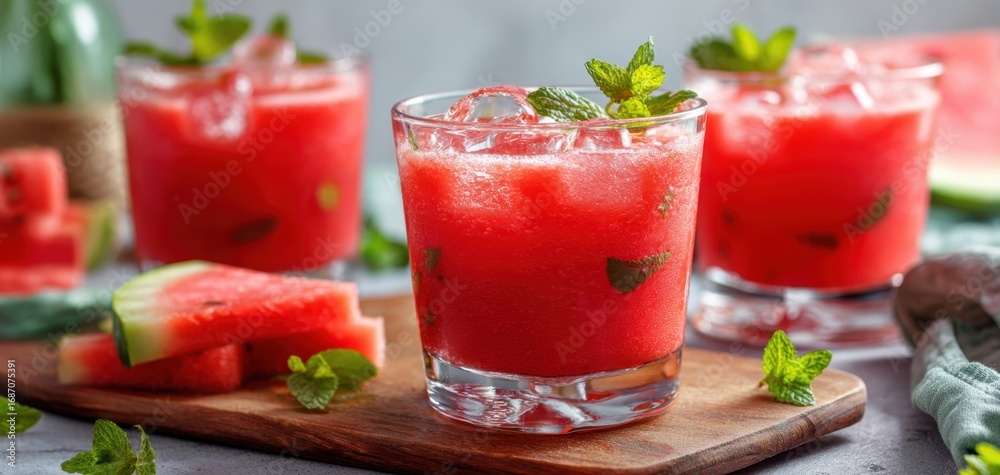 The Watermelon Mint Cooler in Glasses on Wood Board with Ice The Watermelon Mint Cooler in Glasses on Wood Board with Ice