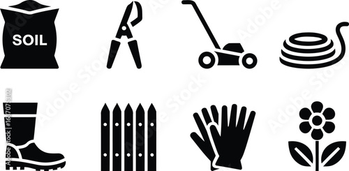 Collection of Black Gardening Icons Including Soil Bag Pruning Shears Lawnmower Garden Hose Rubber Boots Fence Gloves and Flower