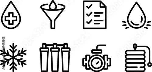 Collection of Water and HVAC System Elements Depicting Filtration Treatment Documentation Plumbing Snowflake Pumping with Related Components for Engineering