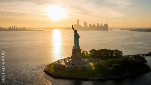 Aerial view captures the Statue of Liberty with Manhattan skyline at sunset.