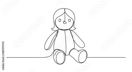 Continuous line drawing of a cute, simple doll figure sitting, minimalist art style