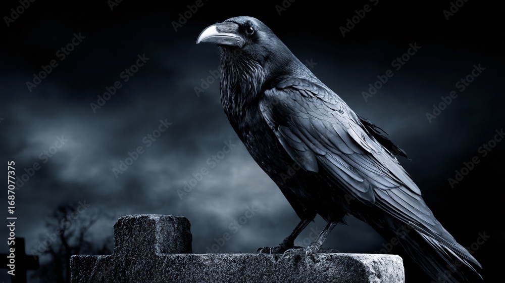 Fototapeta premium powerful illustration of a majestic raven, its feathers like swirling, dark smoke, perched on a crumbling, ivy-covered tombstone in an old graveyard. The atmosphere is quiet and mysterious, 