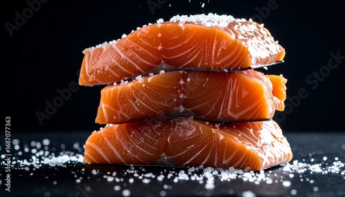Fresh salmon fillets stacked on a dark surface