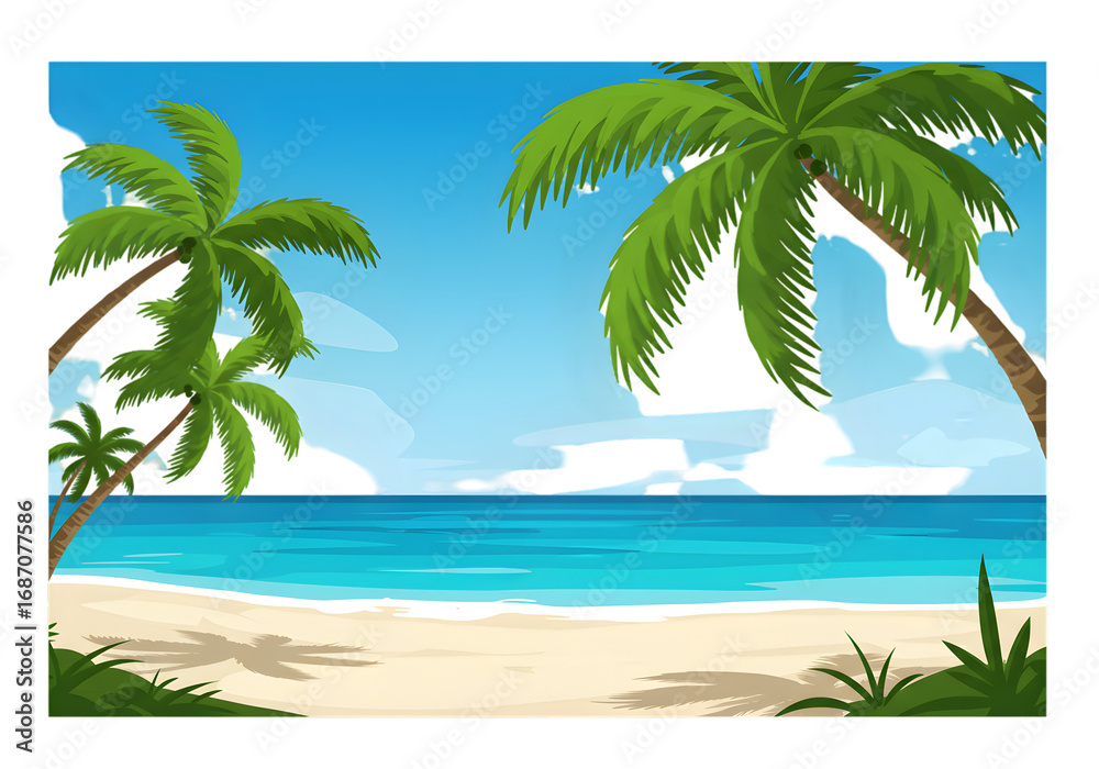 Fototapeta premium Pixelated Beach Illustration With Palm Trees Ocean and Sky in Summer