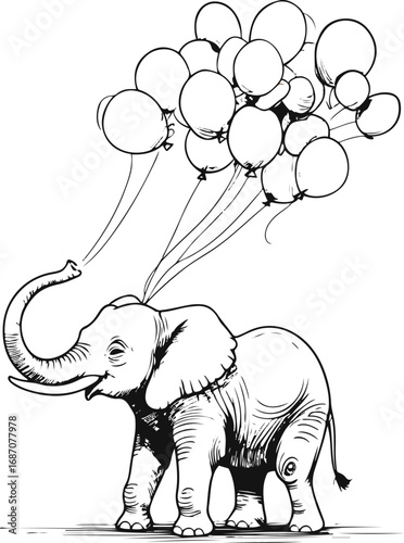 Minimal black and white line drawing of an elephant blowing balloons with its trunk, playful doodle style, clean vector illustration