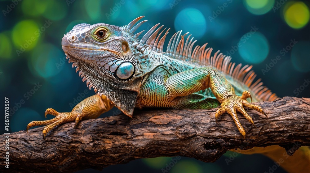 Fototapeta premium Vibrant iguana on branch, bokeh background