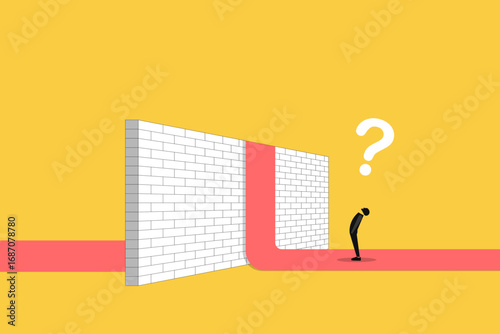 Businessman standing with question mark front of wall. concept of business future, uncertainty, challenge, opportunity and hope