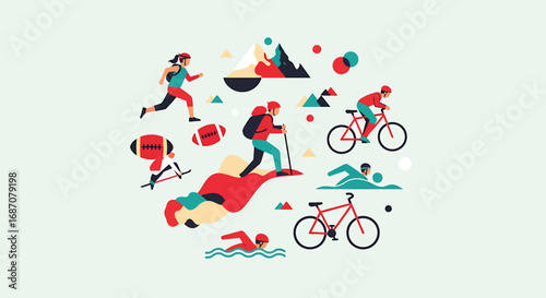 Diverse outdoor pursuits illustrated in stylized composition graphic design