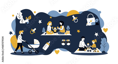 A vibrant depiction of modern family life with infants and parental engagement