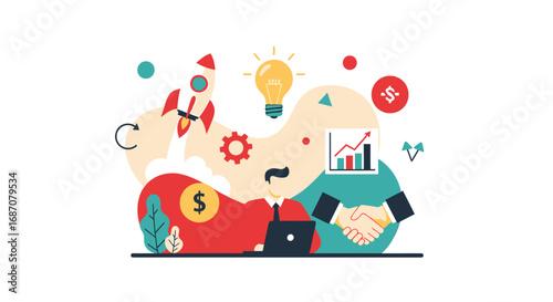 Energetic Illustration of a Thriving Startup Business with Innovative Solutions