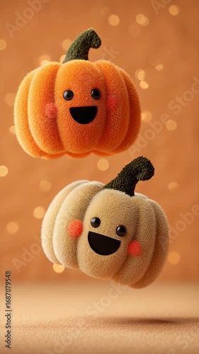 Cute fuzzy pumpkins with smiling faces floating on soft orange background. Concept of happy Halloween, cozy fall, and playful seasonal design