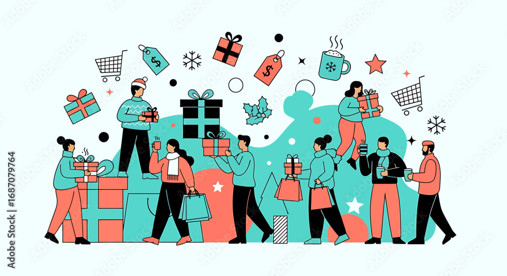 Obraz premium Festive shopping illustration with trendy flat vector people and gift boxes