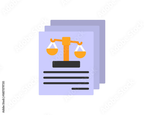 Flat design icon of legal papers or a court document featuring the scales of justice symbol, representing legislation and the judiciary