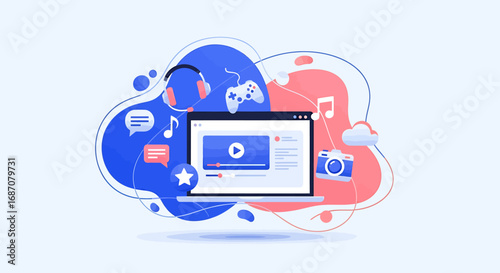 Engaging vector illustration depicting multimedia platform with abstract shapes