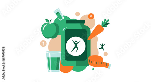 Vibrant healthy lifestyle promotion with fresh produce and fitness elements