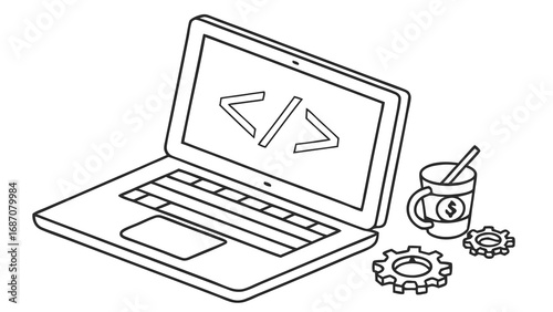 Laptop with code symbols, coffee mug, and gears, representing software development and technology.
