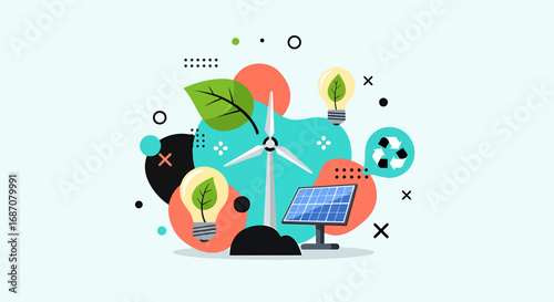 Sustainable resources illustration featuring renewable energy and nature