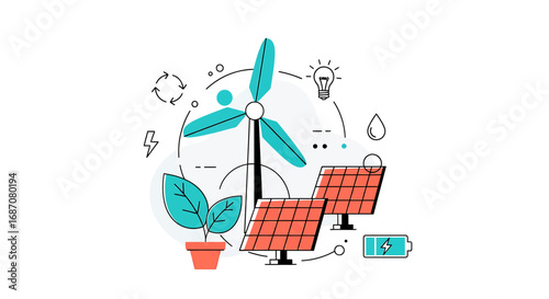 Illustration showcasing sustainable energy solutions with graphic minimalist