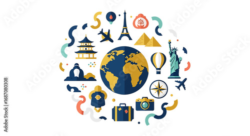 Whimsical world tour icons, highlighting famous landmarks, and travel essentials