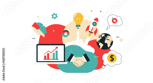 Dynamic startup elements showcasing innovative ventures and global opportunities