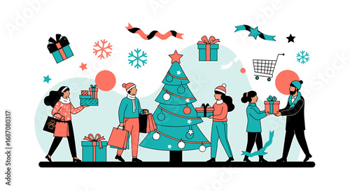 Festive season gift exchange and holiday cheer with ornamented pine backdrop